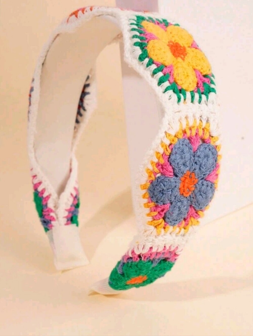 Handmade Crochet Multicolor Floral Scalloped Headband In White